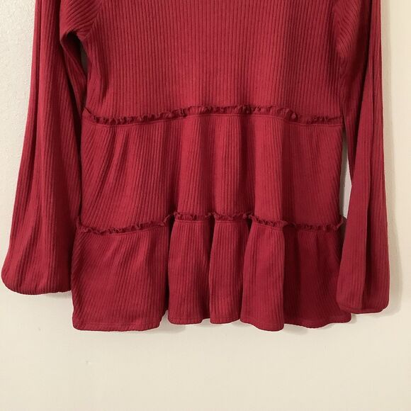 Red Ribbed Layered Ruffle Feminine Cozy Casual Autumn Fall Long Sleeve Top L - Picture 9 of 9